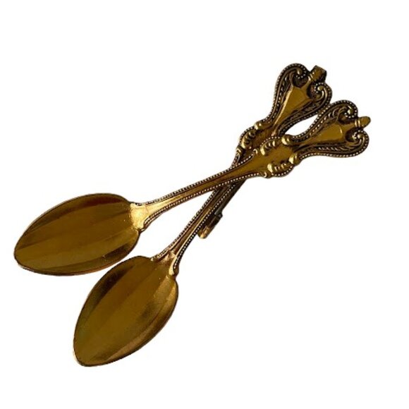 Vintage Gold Tone Spoon Brooch Tiny Fluted Double Spoons Victorian Revival Pin - Picture 3 of 6
